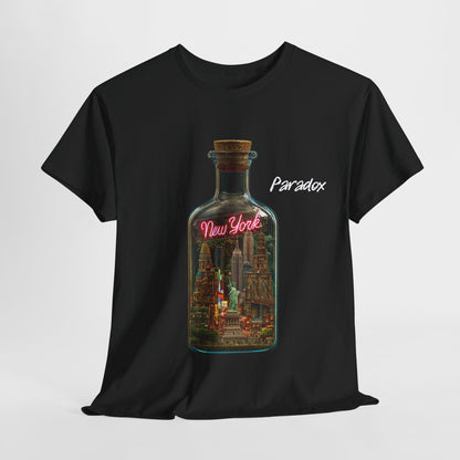 Black t-shirt with a graphic of a city featuring New York