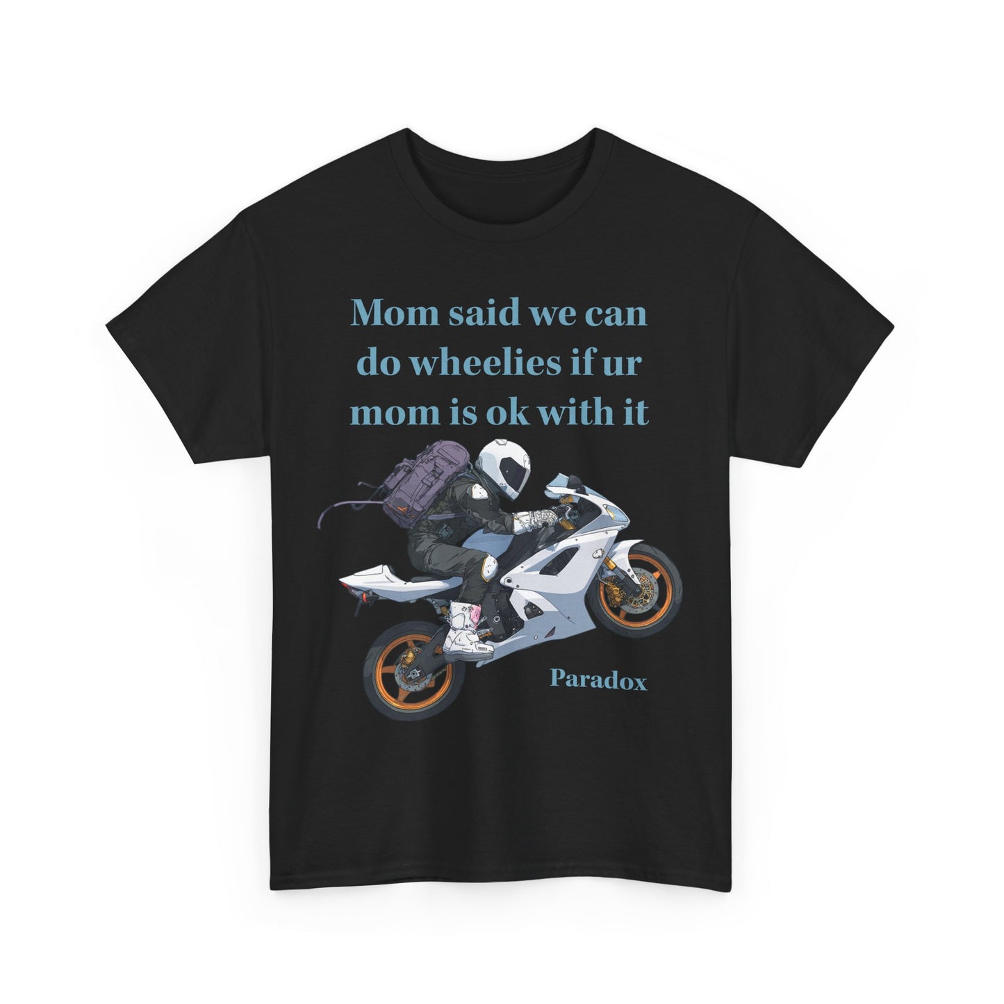 Black t-shirt with a graphic of a motorcycle with funny text
