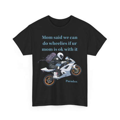 Black t-shirt with a graphic of a motorcycle with funny text
