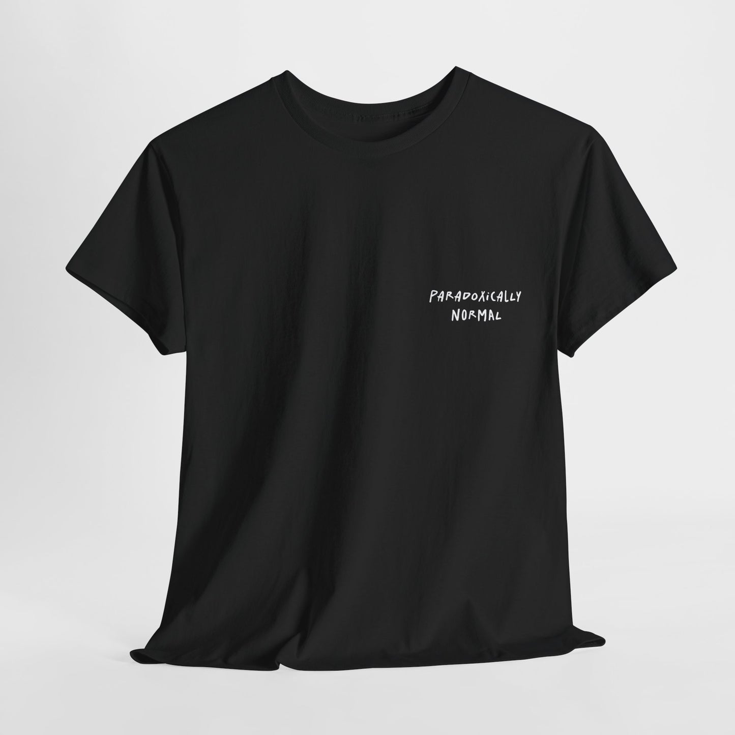 Black t-shirt with a graphic of a text reading 'Paradoxically Normal' 