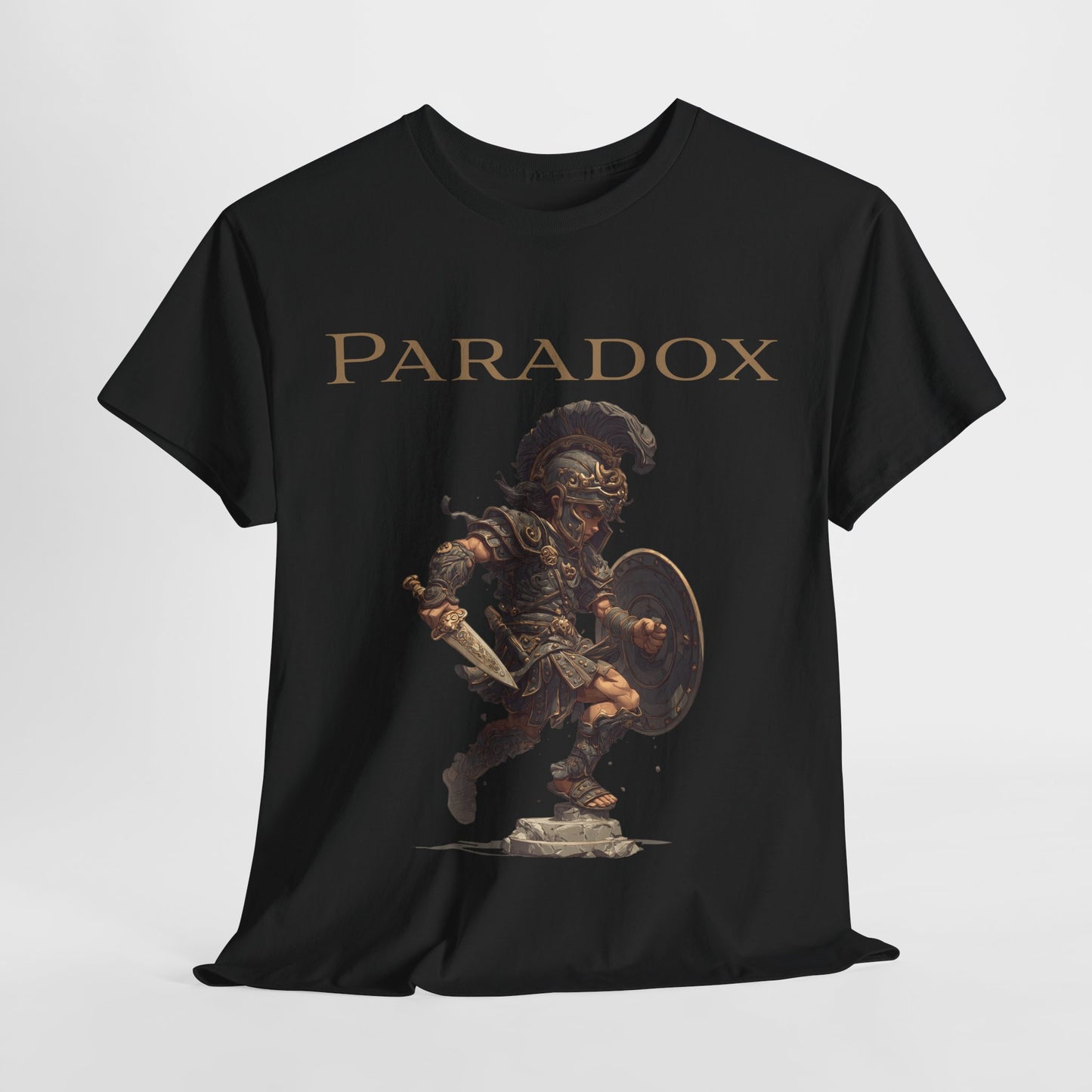 Black t-shirt with a graphic of a warrior featuring a gladiator.