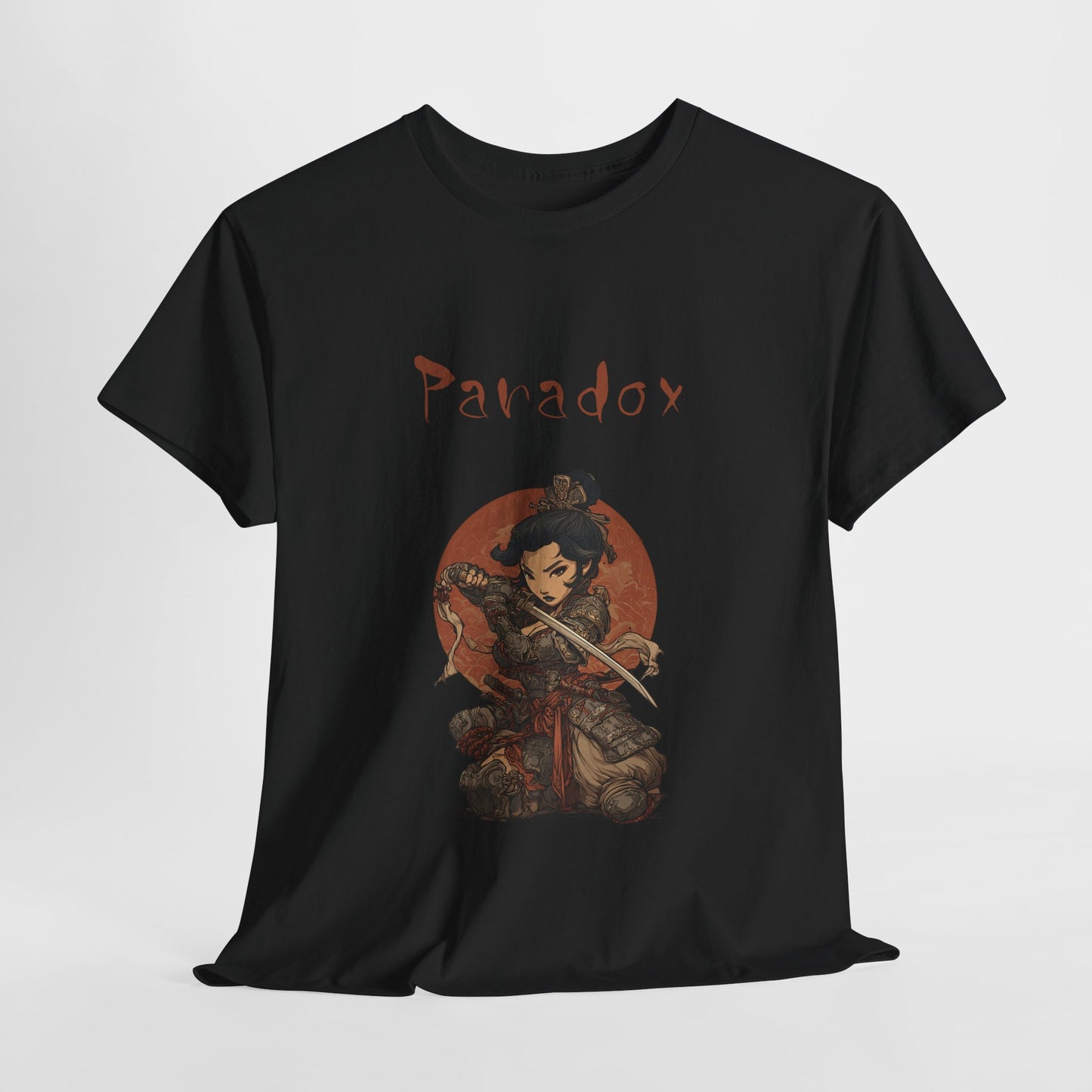 Black t-shirt with a graphic of a warrior featuring a lady samurai