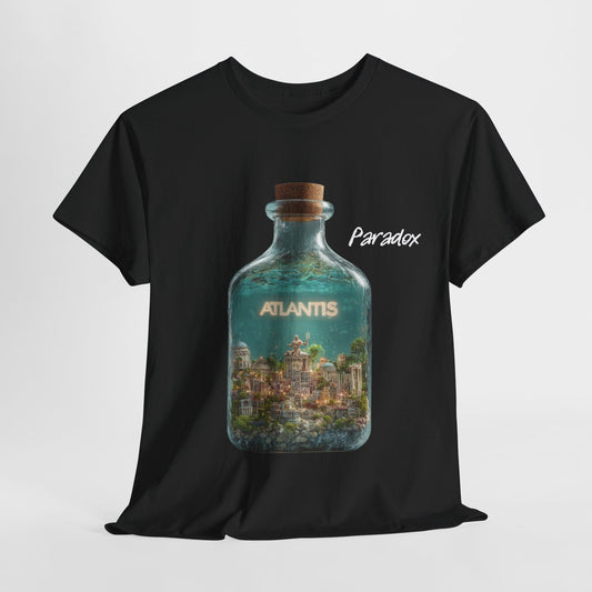 Black t-shirt with a graphic of the city Atlantis.