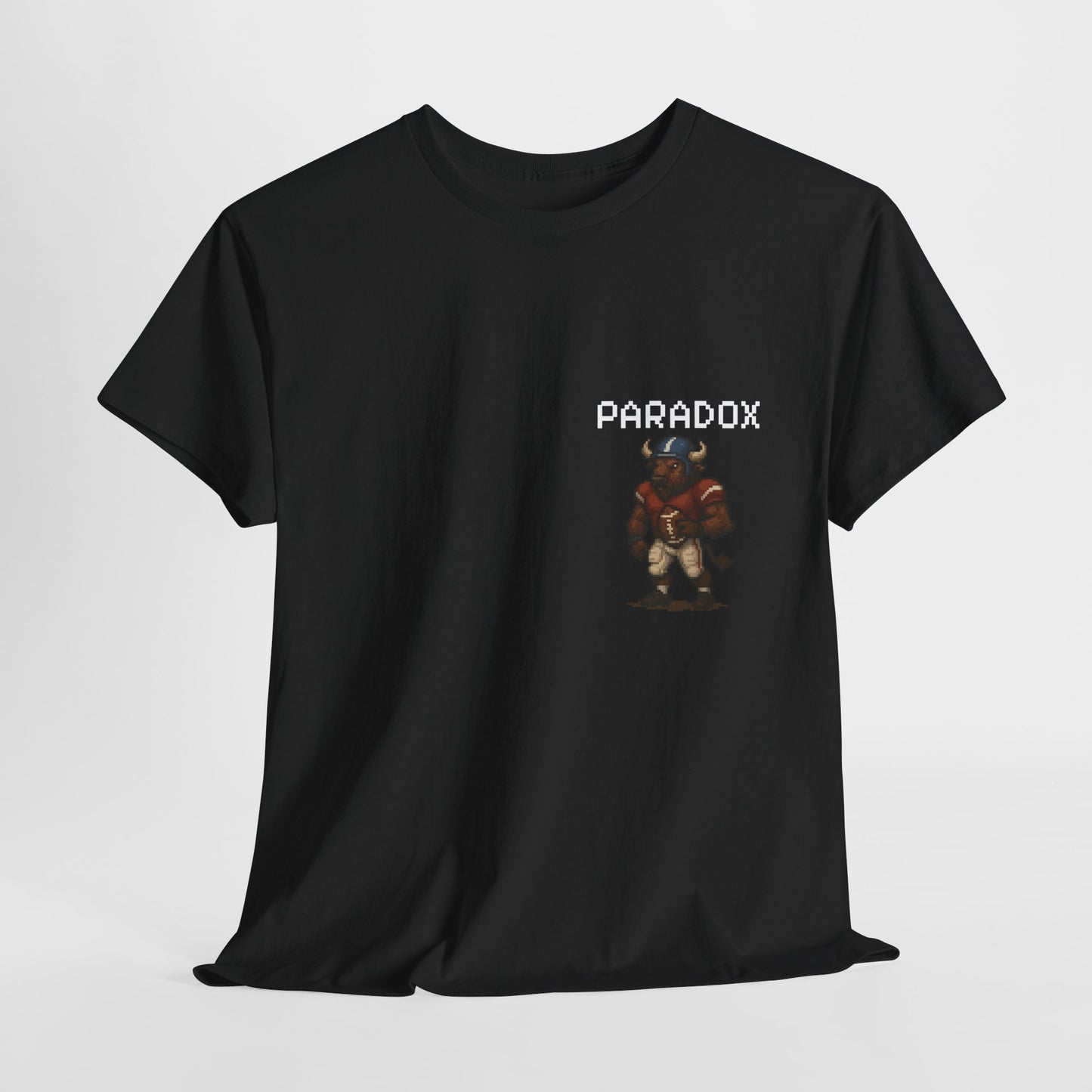 Black t-shirt with a pixel graphic of a buffalo playing football NFL