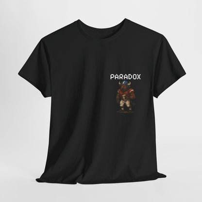 Black t-shirt with a pixel graphic of a buffalo playing football NFL