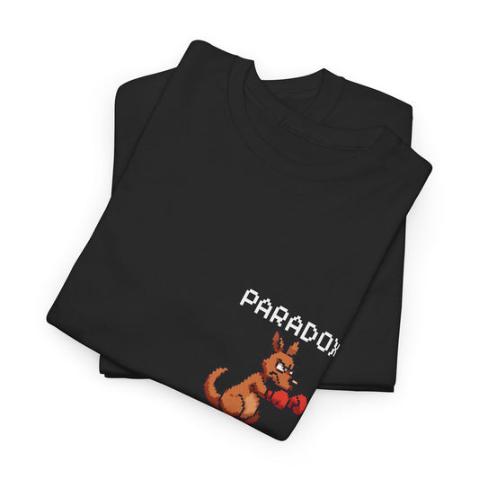 Black t-shirt with a pixel graphic of a kangaroo boxing