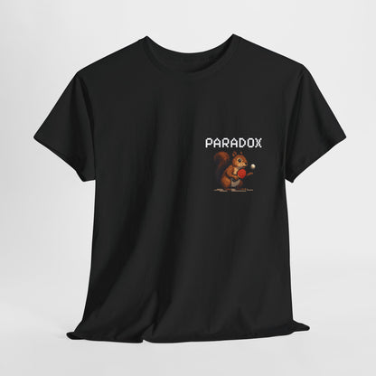 Black t-shirt with a pixel graphic of a squirrel playing ping pong