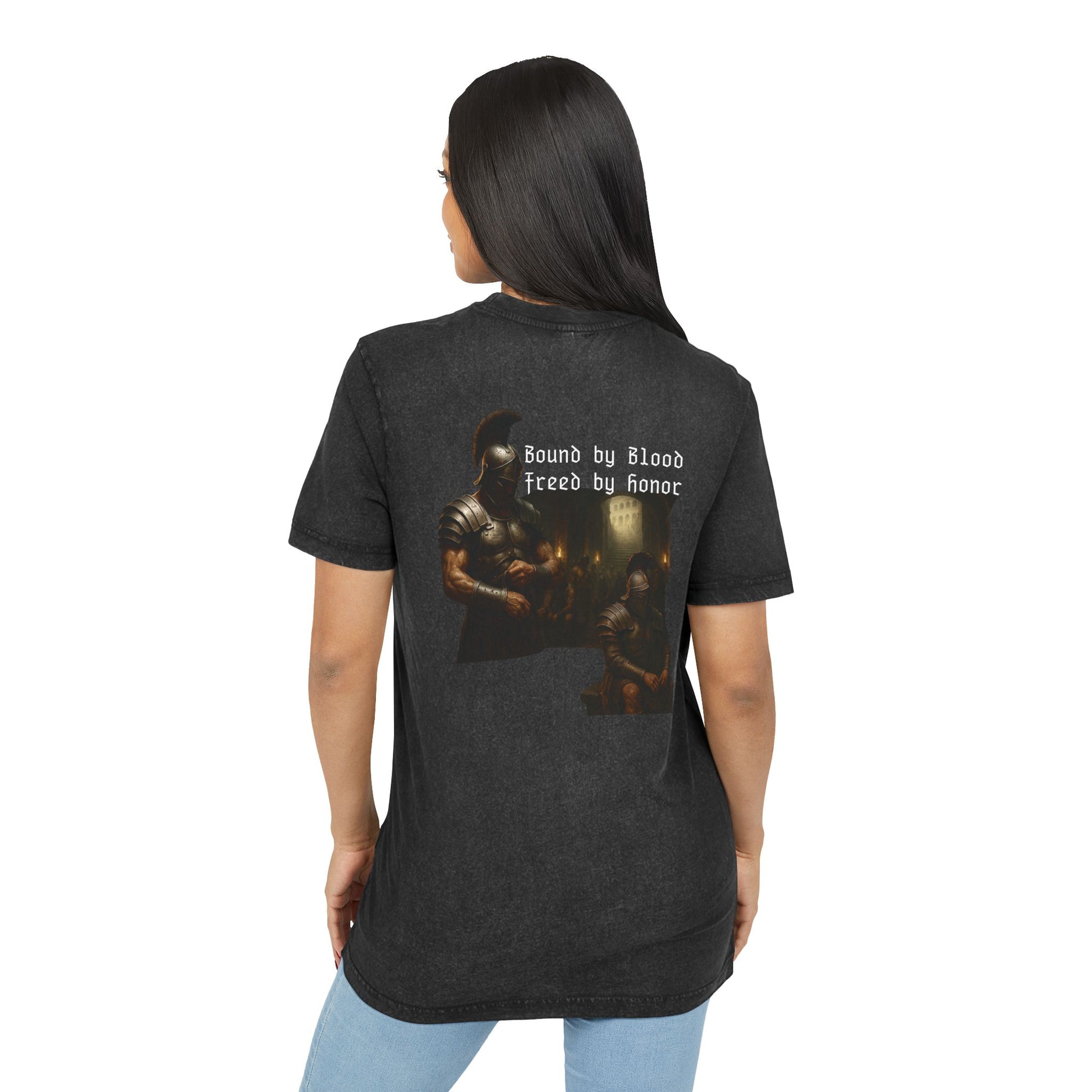 Black t-shirt with graphic design of gladiator brothers waiting for battle on a female model.