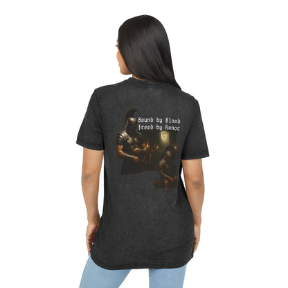 Black t-shirt with graphic design of gladiator brothers waiting for battle on a female model.