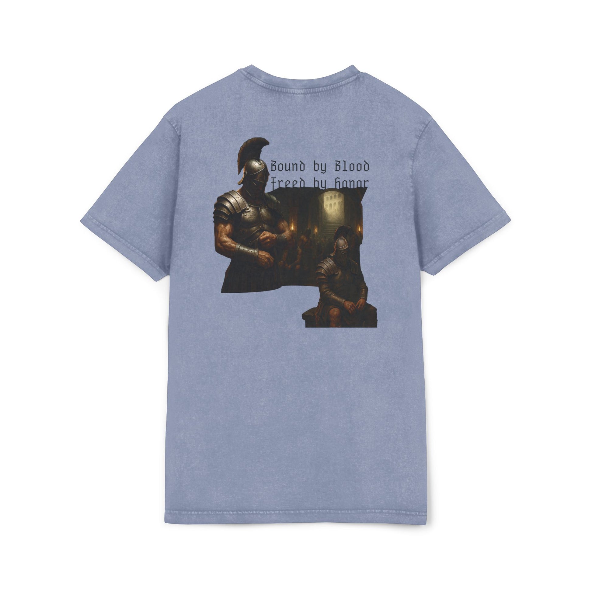Blue t-shirt with graphic design of gladiator brothers waiting for battle.