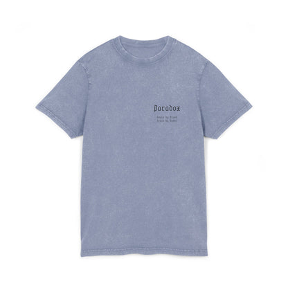 Blue t-shirt with graphic design of gladiator brothers waiting for battle.