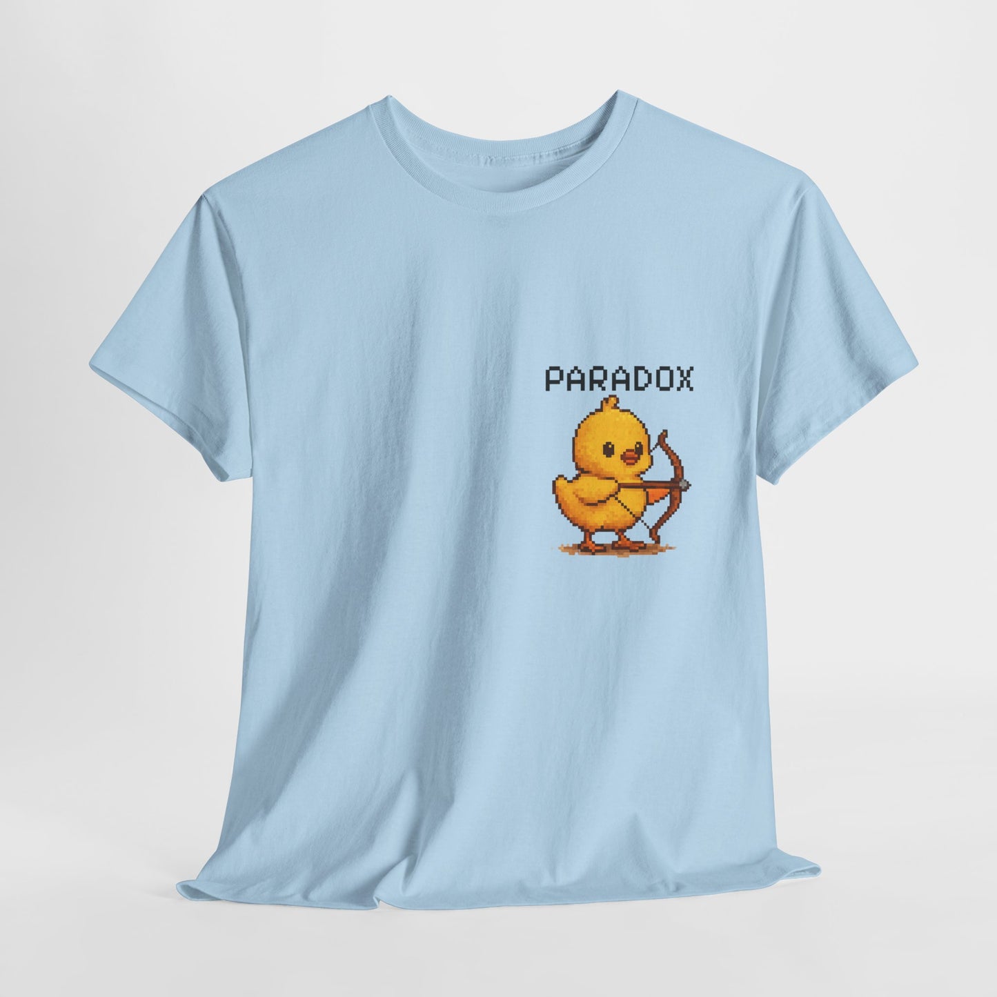 Blue t-shirt with a graphic pixel art of a baby chick with a bow and arrow