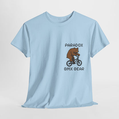 Blue t-shirt with a graphic pixel art of a bear on a bmx