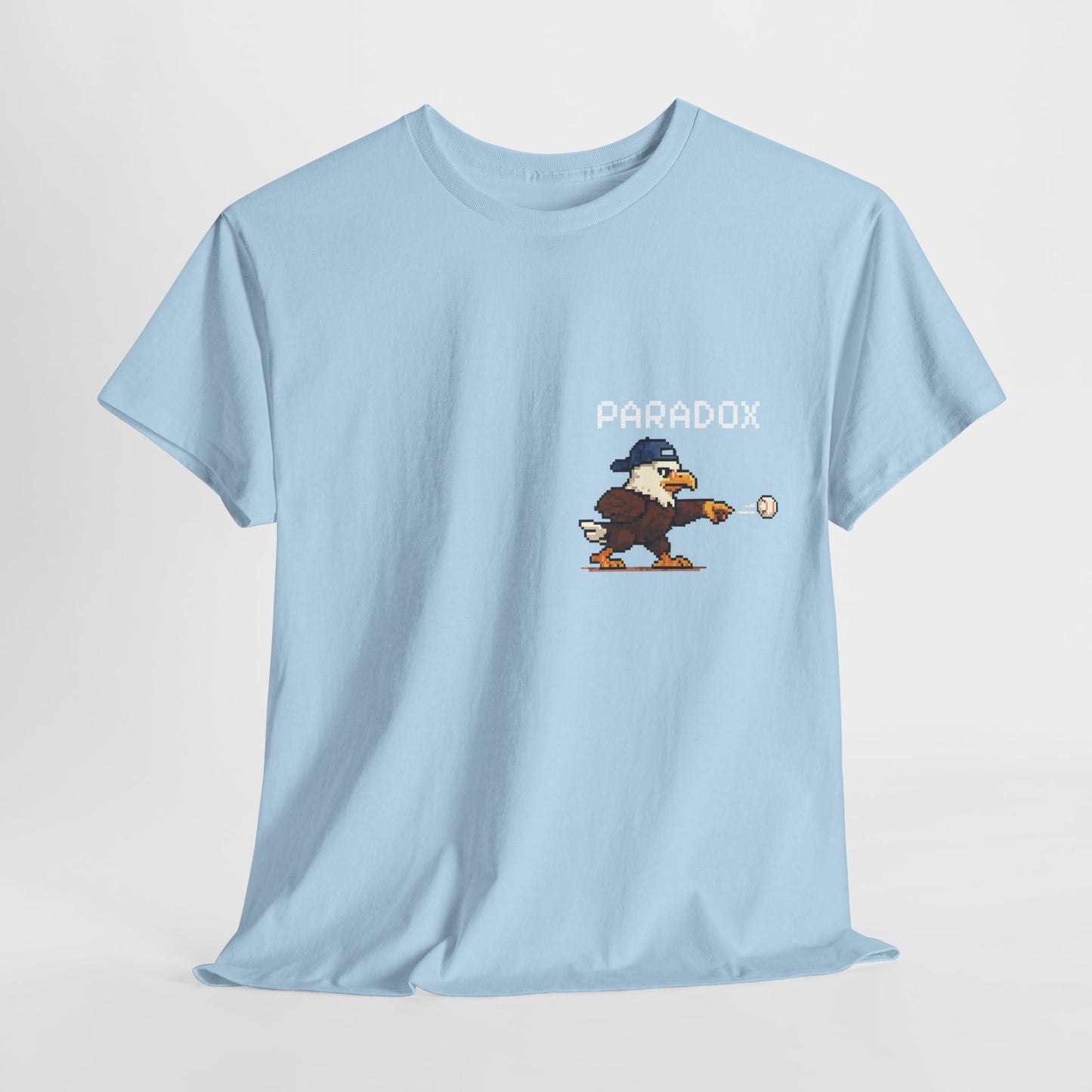 Blue t-shirt with a graphic pixel art of an eagle playing baseball