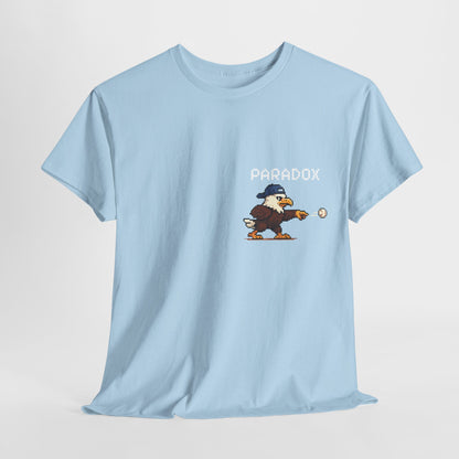 Blue t-shirt with a graphic pixel art of an eagle playing baseball