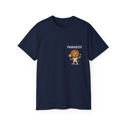 Blue t-shirt with a graphic pixel art of a lion playing tennis