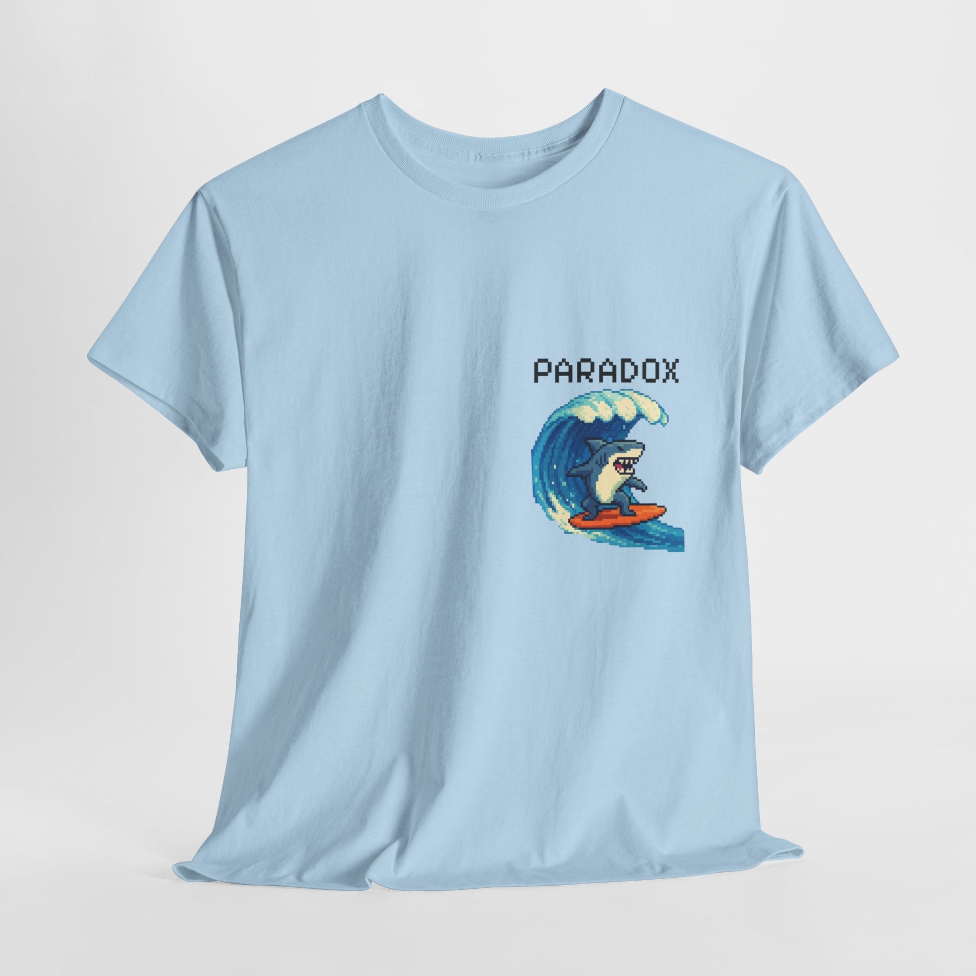 Blue t-shirt with a graphic pixel art of a shark surfing
