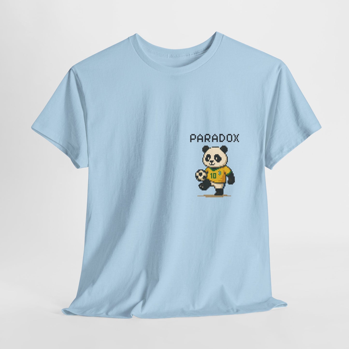 Blue t-shirt of a graphic pixel art panda playing soccer on a female model