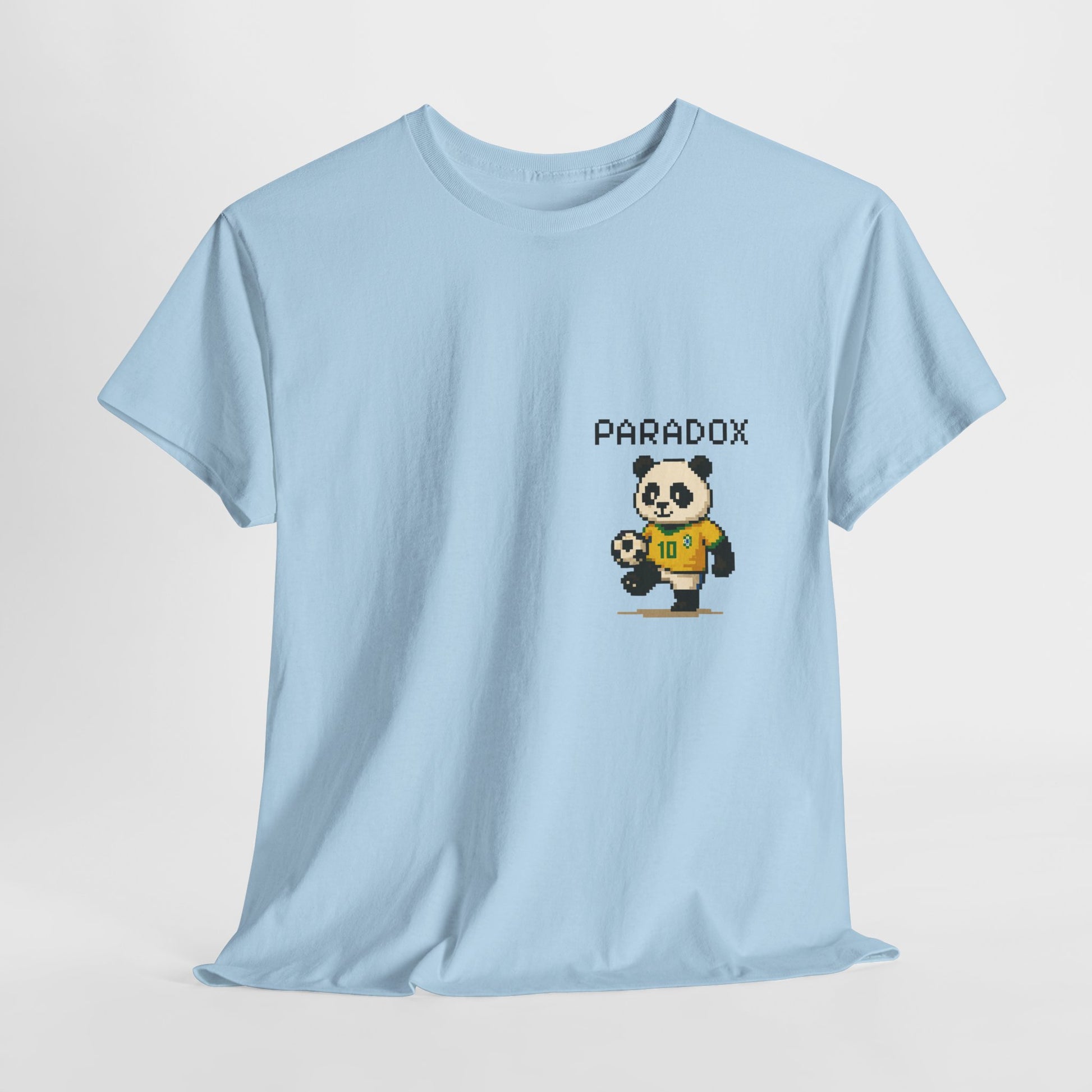 Blue t-shirt of a graphic pixel art panda playing soccer on a female model
