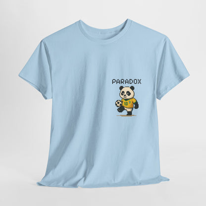 Blue t-shirt of a graphic pixel art panda playing soccer on a female model