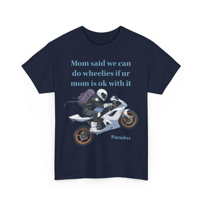 Blue t-shirt with a graphic of a motorcycle with funny text