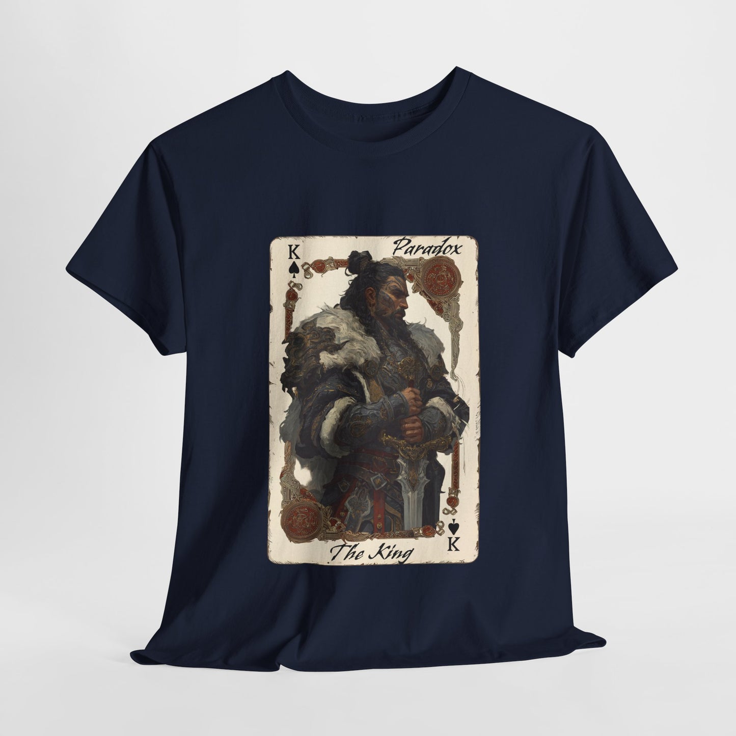 Blue t-shirt with a graphic of the King of spades