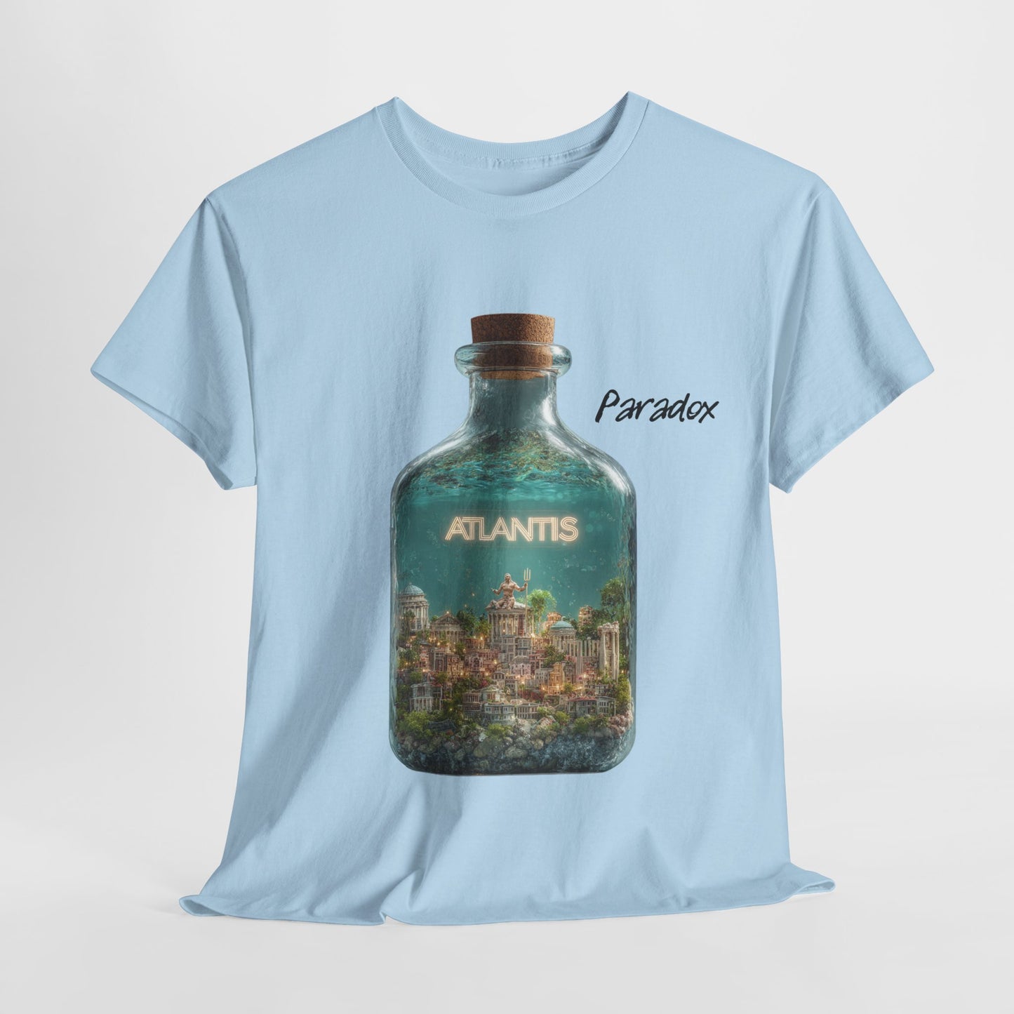 Blue t-shirt with a graphic of the city Atlantis.