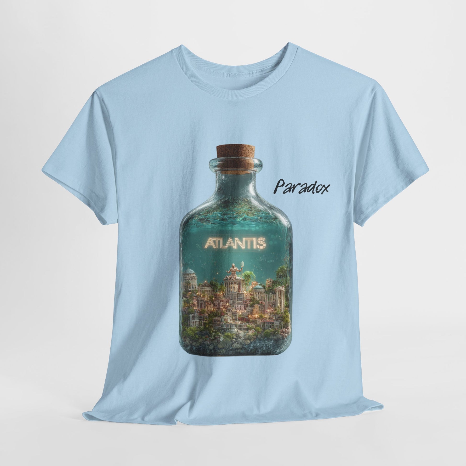 Blue t-shirt with a graphic of the city Atlantis.