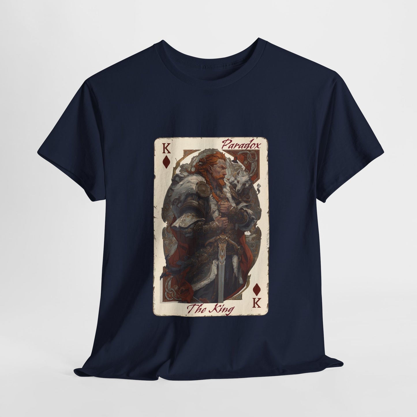 Blue t-shirt with a graphic of the king of diamonds on a male model