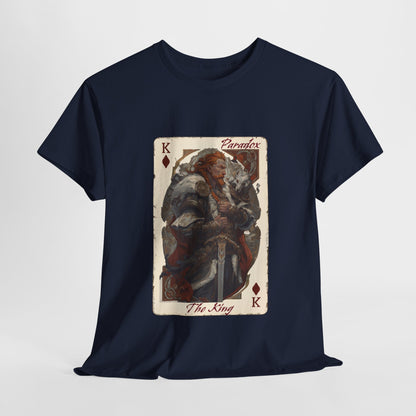 Blue t-shirt with a graphic of the king of diamonds on a male model