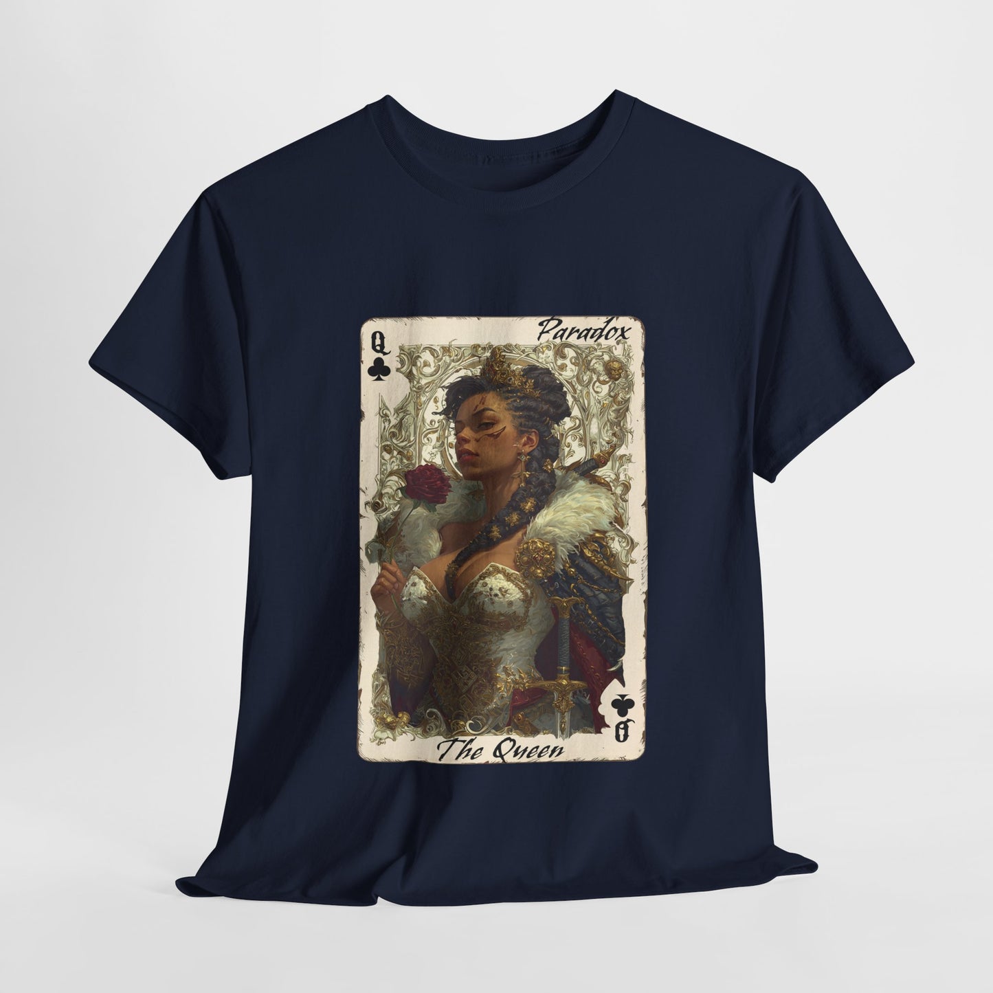 Blue t-shirt with a graphic of the queen of clubs