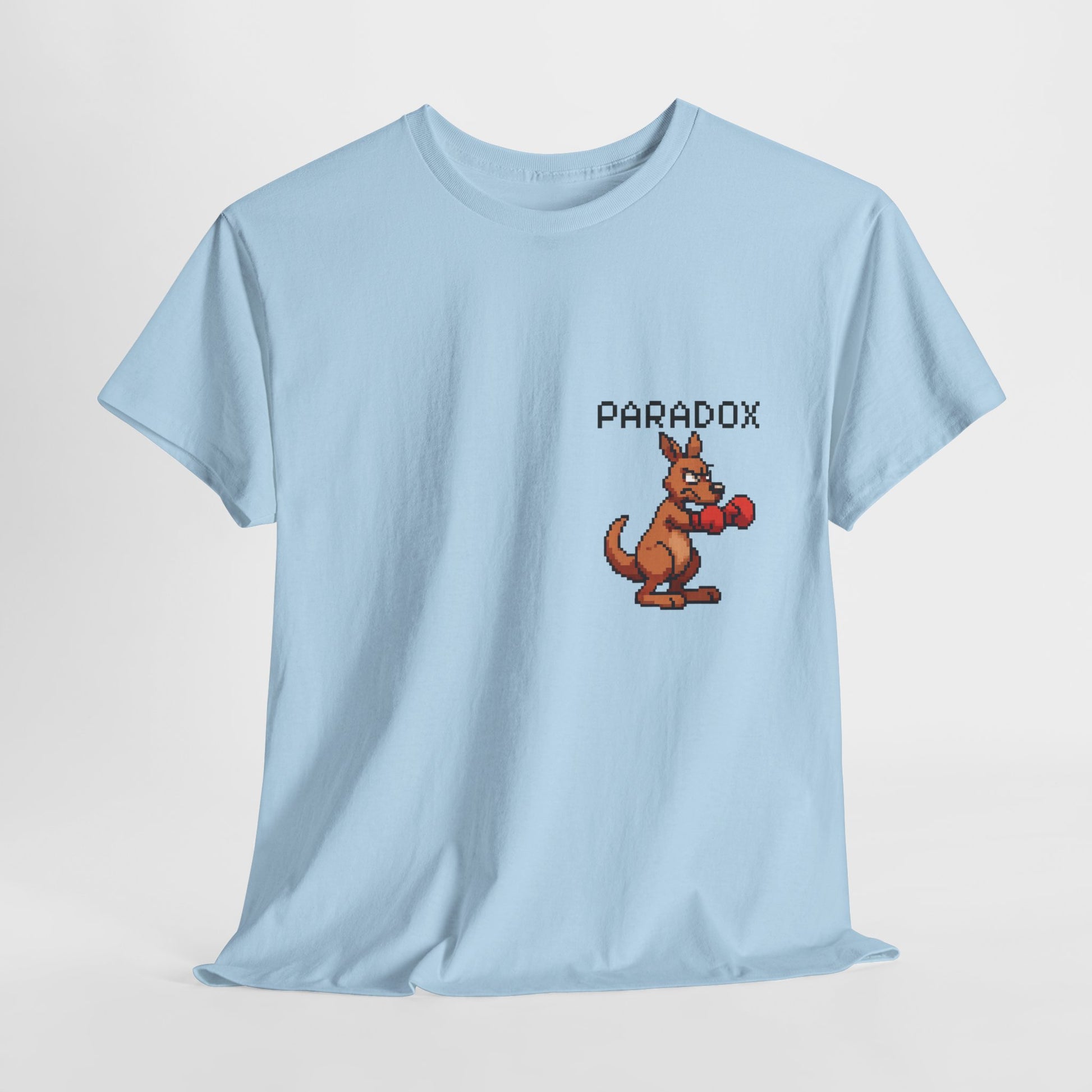 Blue t-shirt with a pixel graphic of a kangaroo boxing