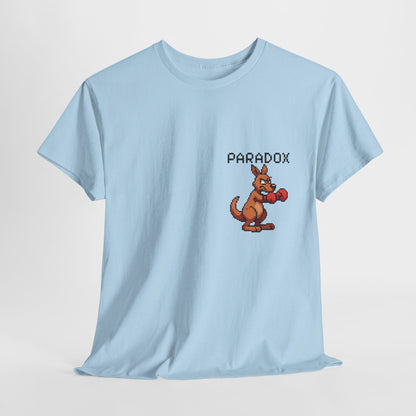 Blue t-shirt with a pixel graphic of a kangaroo boxing