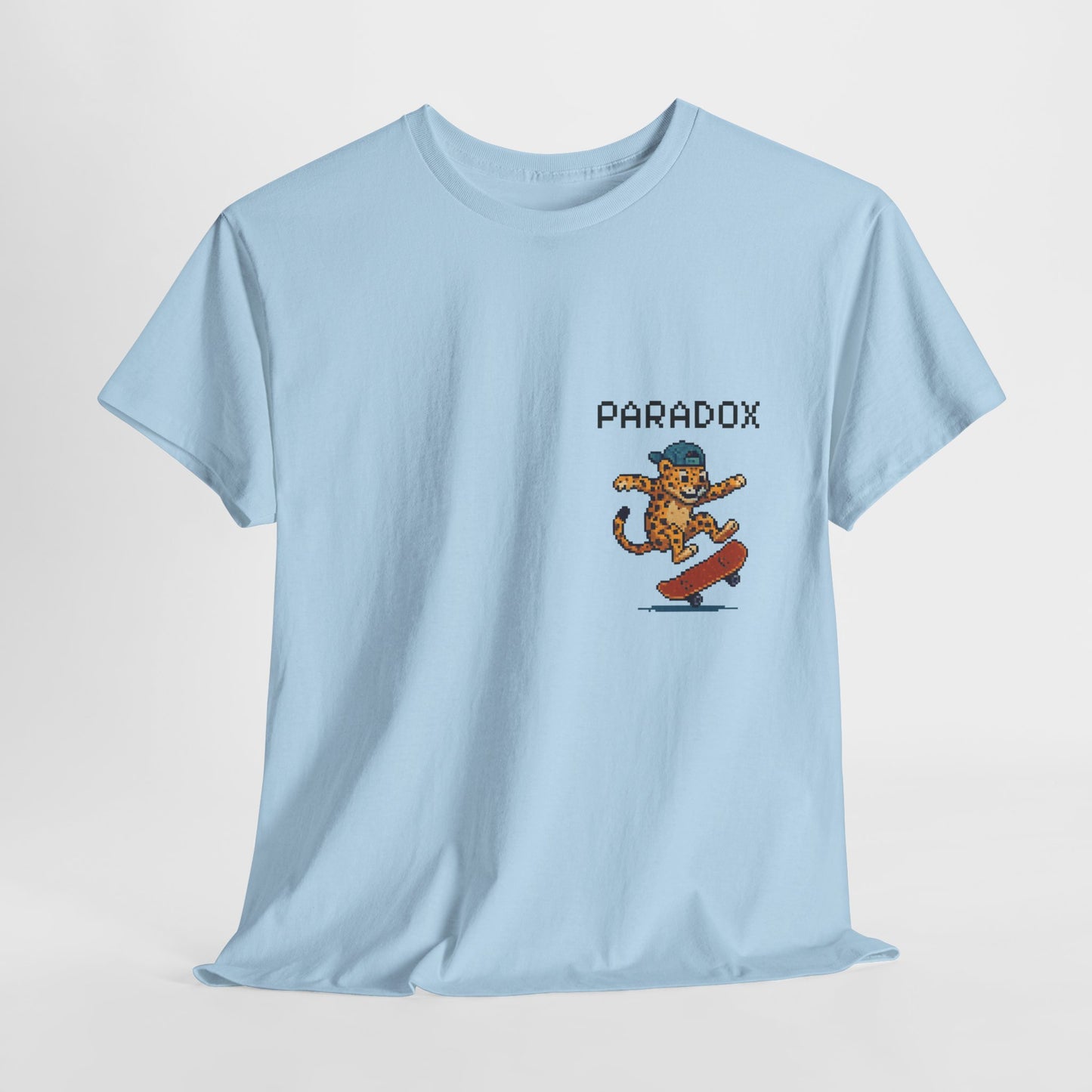 Blue t-shirt with a pixel graphic of a leopard skateboarding