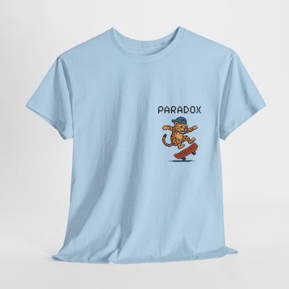 Blue t-shirt with a pixel graphic of a leopard skateboarding