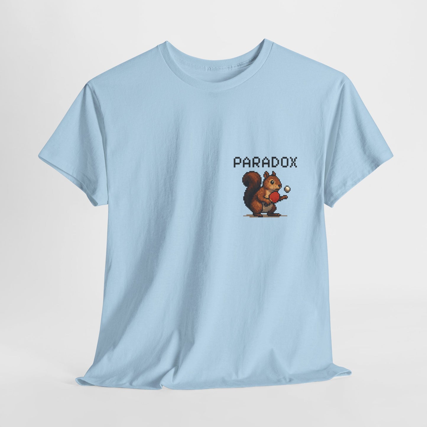 Blue t-shirt with a pixel graphic of a squirrel playing ping pong