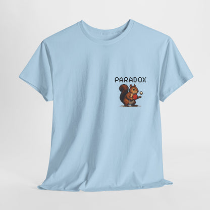 Blue t-shirt with a pixel graphic of a squirrel playing ping pong