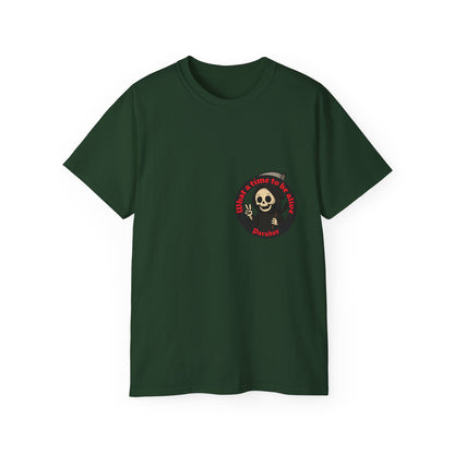 Dark green t-shirt with a funny design of grim reaper and text What a time to be alive