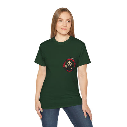 Green t-shirt with a funny design of grim reaper and text What a time to be alive female model
