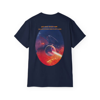A dark blue graphic t-shirt with the text Lava Ride and Paradox Airlines in stylized font, featuring a cosmic design.