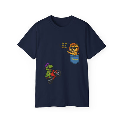 Dark blue t-shirt with a cartoon dinosaur on a motorcycle and a lion saying You are out of pocket.