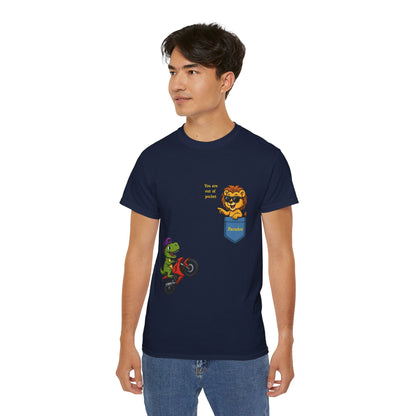 Dark blue t-shirt with a cartoon dinosaur on a motorcycle and a lion saying You are out of pocket on a male model.