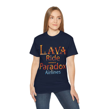 A dark blue graphic t-shirt with the text Lava Ride and Paradox Airlines in stylized font, featuring a cosmic design on a female model.