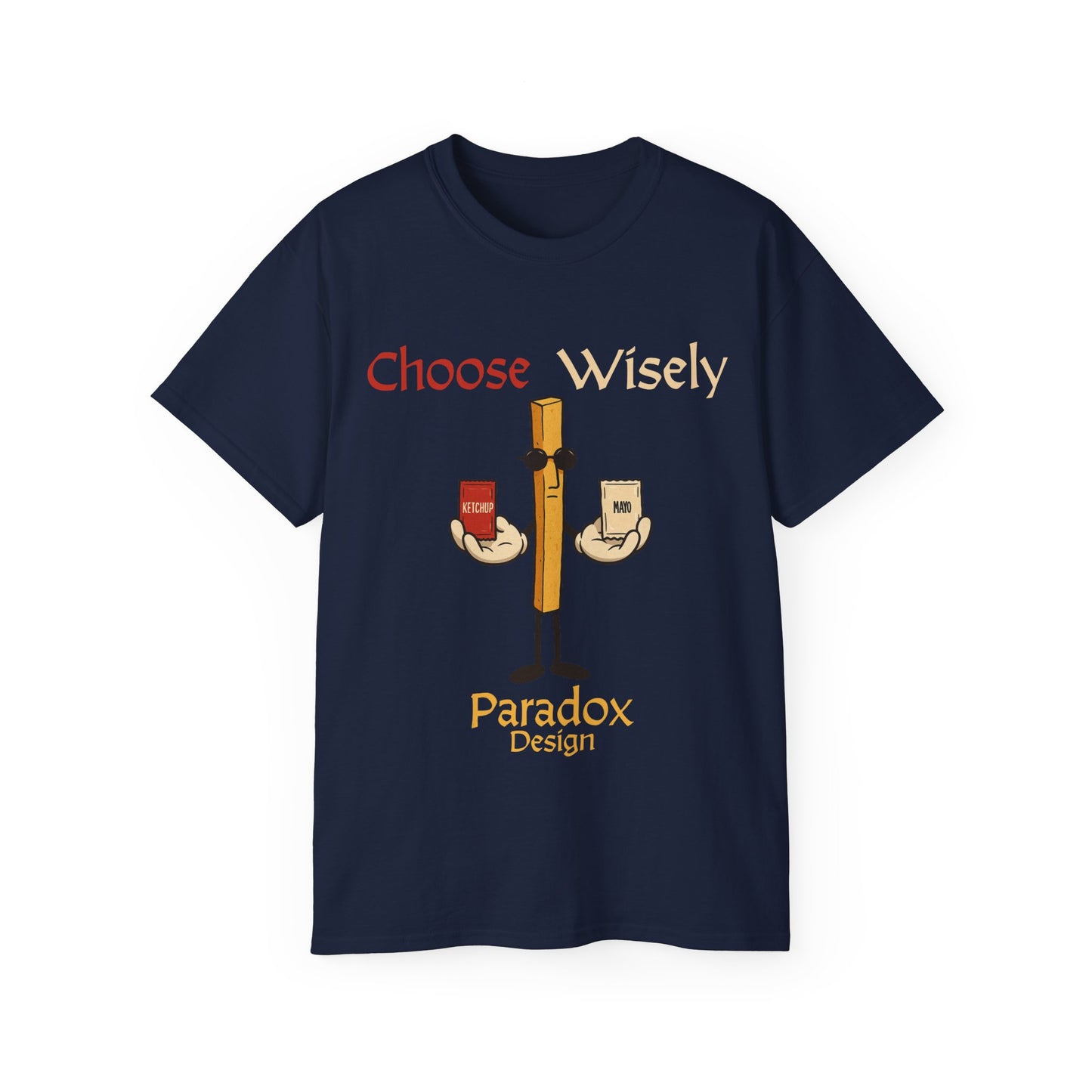 Dark blue t-shirt of fries character holding a pack of ketchup and mayo for the funny debate of which sauce to chose for fries.