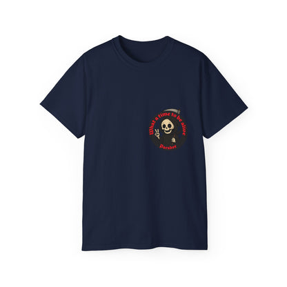 Dark blue t-shirt with a funny design of grim reaper and text What a time to be alive
