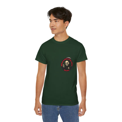 Dark green t-shirt with a funny design of grim reaper and text What a time to be alive male model