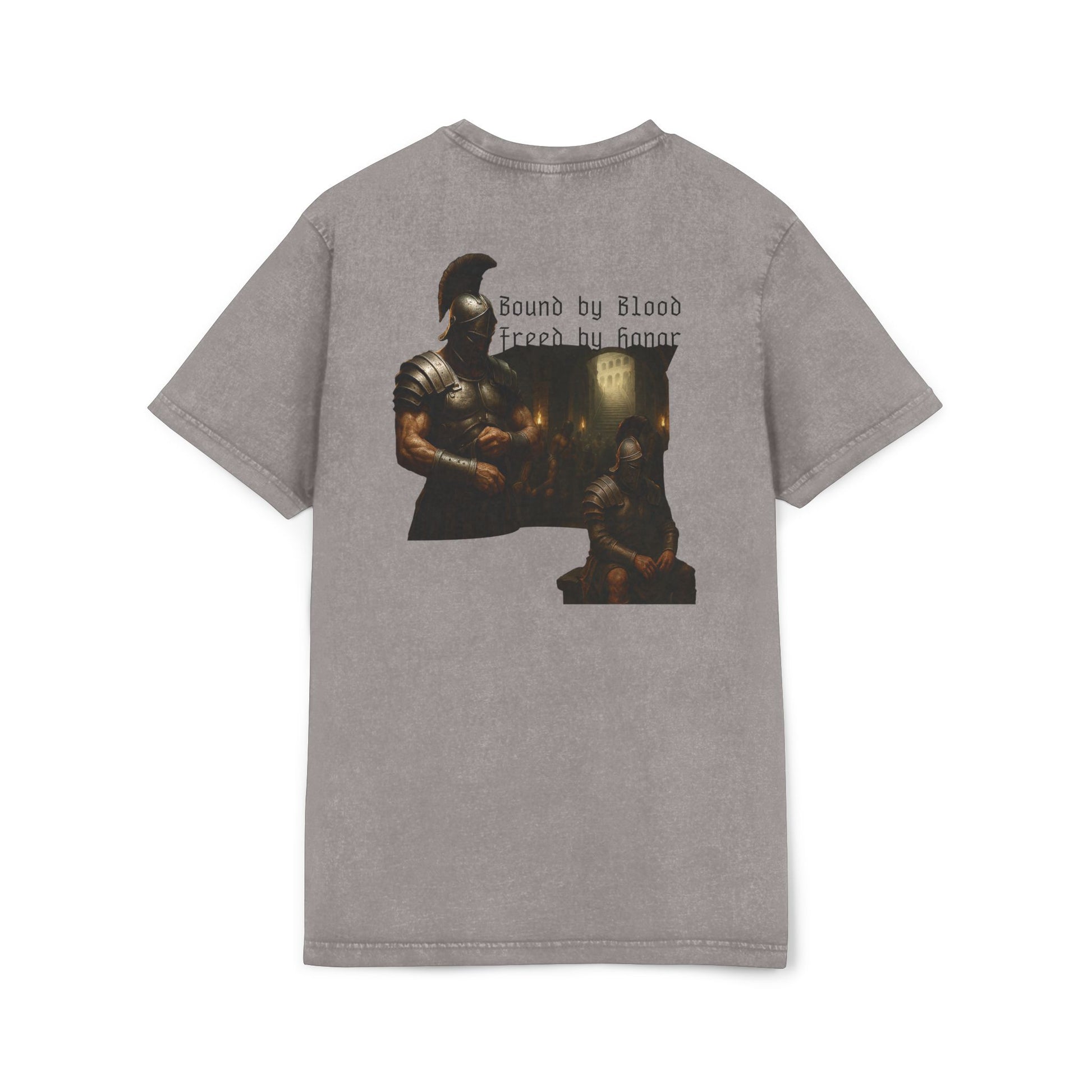 Gray t-shirt with graphic design of gladiator brothers waiting for battle.