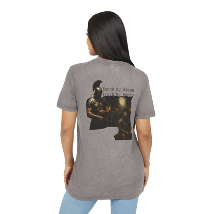 Gray t-shirt with graphic design of gladiator brothers waiting for battle on female model.