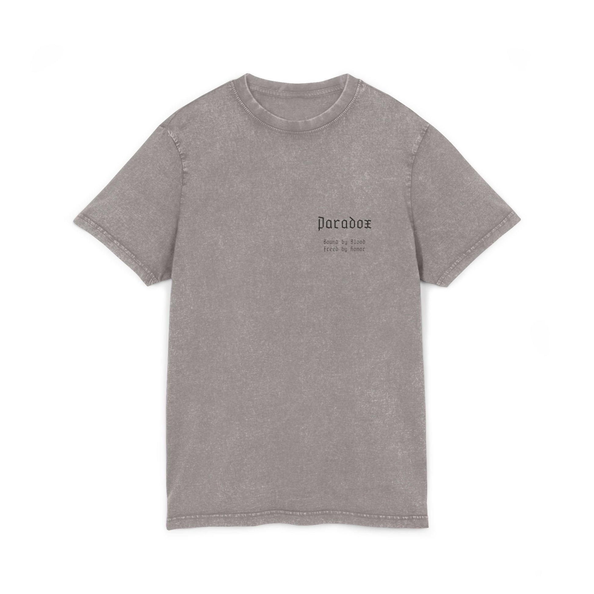 Gray t-shirt with graphic design of gladiator brothers waiting for battle.
