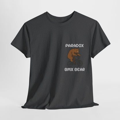 Gray t-shirt with a graphic pixel art of a bear on a bmx